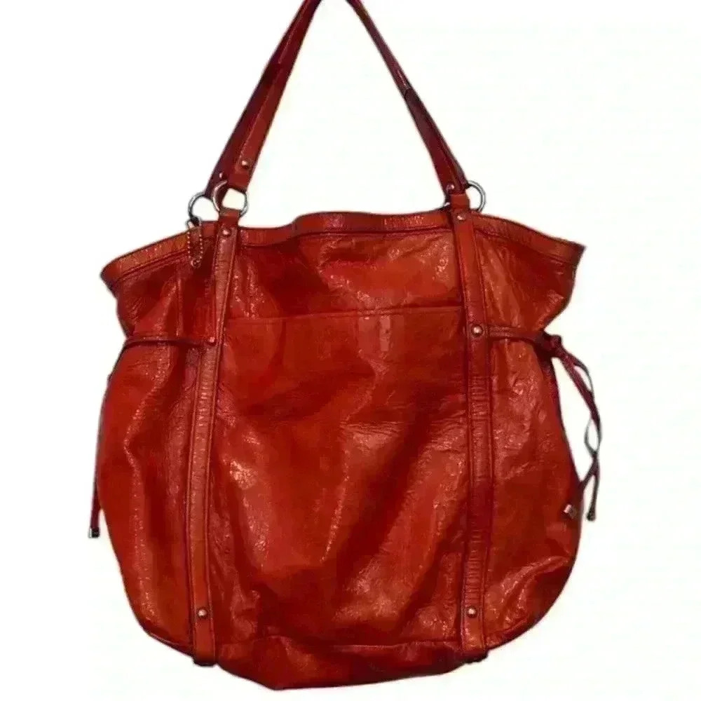 PENDING Coach Audrey OP ART Coral Peach Patent Leather Tote Shoulder Handbag - Picture 2 of 16